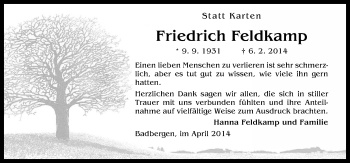 Traueranzeige von Friedrich Feldkamp von Neue Osnabrücker Zeitung GmbH & Co. KG