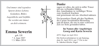 Traueranzeige von Emma Sewerin von Neue Osnabrücker Zeitung GmbH & Co. KG