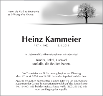 Traueranzeige von Heinz Kammeier von Neue Osnabrücker Zeitung GmbH & Co. KG