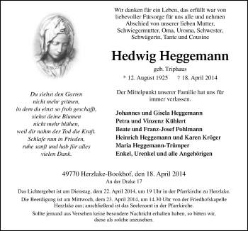 Traueranzeige von Hedwig Heggemann von Neue Osnabrücker Zeitung GmbH & Co. KG