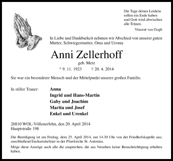 Traueranzeige von Anni Zellerhoff von Neue Osnabrücker Zeitung GmbH & Co. KG