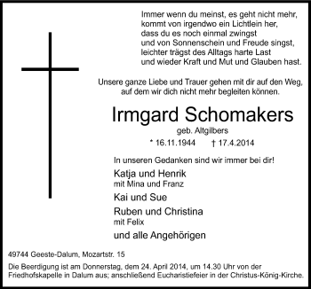 Traueranzeige von Irmgard Schomakers von Neue Osnabrücker Zeitung GmbH & Co. KG