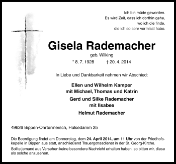 Traueranzeige von Gisela Rademacher von Neue Osnabrücker Zeitung GmbH & Co. KG