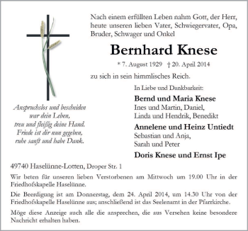 Traueranzeige von Bernhard Knese von Neue Osnabrücker Zeitung GmbH & Co. KG