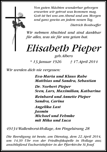 Traueranzeige von Elisabeth Pieper von Neue Osnabrücker Zeitung GmbH & Co. KG