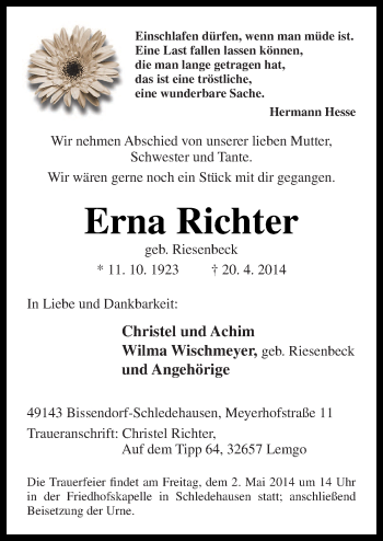 Traueranzeige von Erna Richter von Neue Osnabrücker Zeitung GmbH & Co. KG