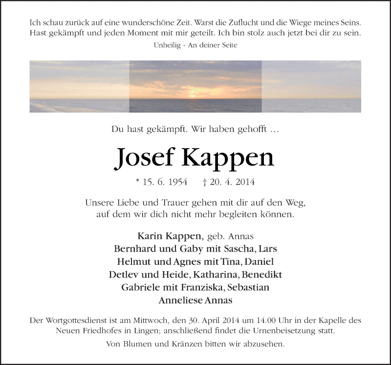  Traueranzeige für Josef Kappen vom 24.04.2014 aus Neue Osnabrücker Zeitung GmbH & Co. KG