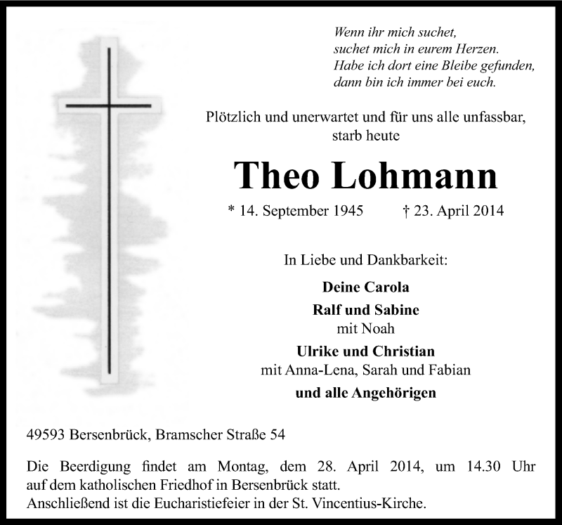  Traueranzeige für Theo Lohmann vom 24.04.2014 aus Neue Osnabrücker Zeitung GmbH & Co. KG
