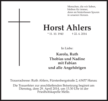 Traueranzeige von Horst Ahlers von Neue Osnabrücker Zeitung GmbH & Co. KG
