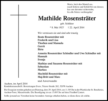 Traueranzeige von Mathilde Rosensträter von Neue Osnabrücker Zeitung GmbH & Co. KG