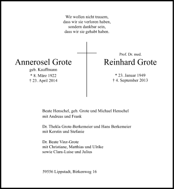 Traueranzeige von Annerosel und Reinhard Grote von Neue Osnabrücker Zeitung GmbH & Co. KG