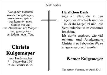 Traueranzeige von Christa Kulgemeyer von Neue Osnabrücker Zeitung GmbH & Co. KG