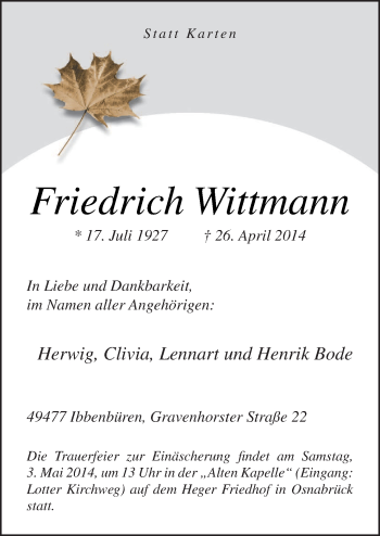 Traueranzeige von Friedrich Wittmann von Neue Osnabrücker Zeitung GmbH & Co. KG