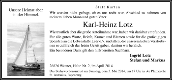 Traueranzeige von Karl-Heinz Lotz von Neue Osnabrücker Zeitung GmbH & Co. KG