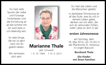 Traueranzeige von Marianne Thale von Neue Osnabrücker Zeitung GmbH & Co. KG