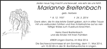 Traueranzeige von Marianne Breitenbach von Neue Osnabrücker Zeitung GmbH & Co. KG