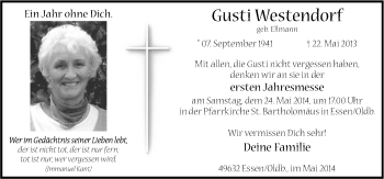 Traueranzeige von Gusti Westendorf von Neue Osnabrücker Zeitung GmbH & Co. KG