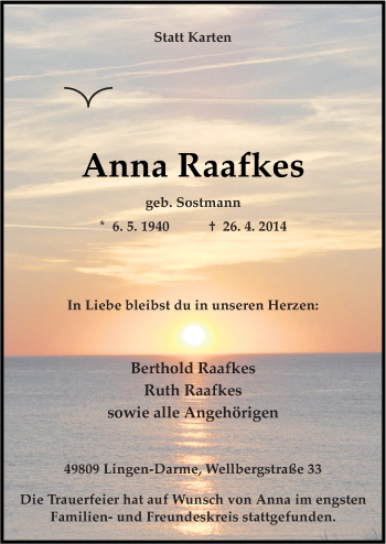 Traueranzeige von Anna Raafkes von Neue Osnabrücker Zeitung GmbH & Co. KG