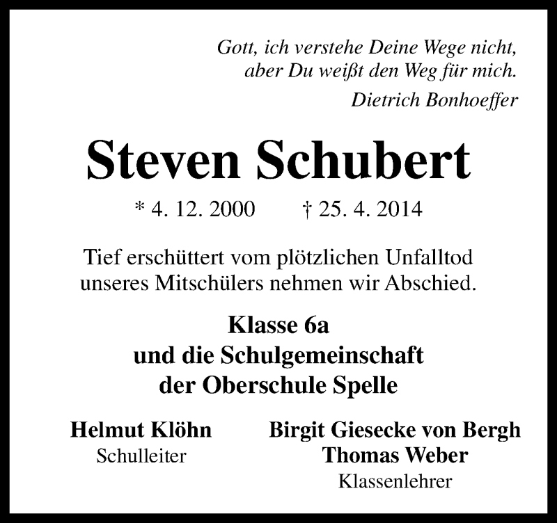  Traueranzeige für Steven Schubert vom 02.05.2014 aus Neue Osnabrücker Zeitung GmbH & Co. KG