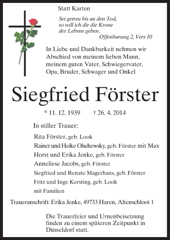 Traueranzeige von Siegfried Förster von Neue Osnabrücker Zeitung GmbH & Co. KG