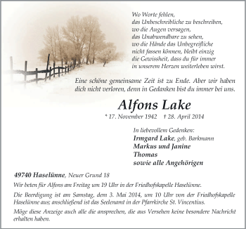 Traueranzeige von Alfons Lake von Neue Osnabrücker Zeitung GmbH & Co. KG