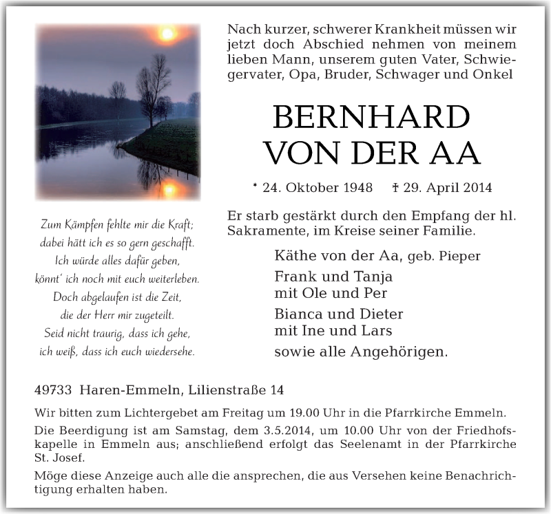  Traueranzeige für Bernhard von der Aa vom 02.05.2014 aus Neue Osnabrücker Zeitung GmbH & Co. KG