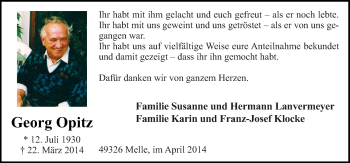 Traueranzeige von Georg Opitz von Neue Osnabrücker Zeitung GmbH & Co. KG