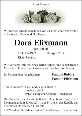 Traueranzeige von Dora Elixmann von Neue Osnabrücker Zeitung GmbH & Co. KG