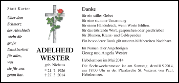 Traueranzeige von Adelheid Wester von Neue Osnabrücker Zeitung GmbH & Co. KG