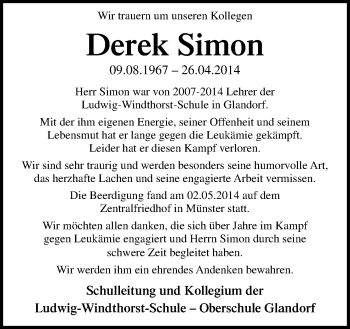 Traueranzeige von Derek Simon von Neue Osnabrücker Zeitung GmbH & Co. KG