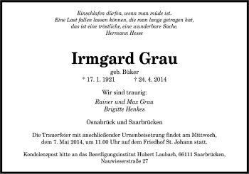 Traueranzeige von Irmgard Grau von Neue Osnabrücker Zeitung GmbH & Co. KG