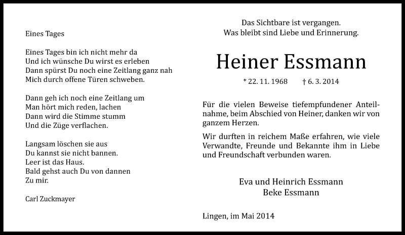  Traueranzeige für Heiner Essmann vom 03.05.2014 aus Neue Osnabrücker Zeitung GmbH & Co. KG