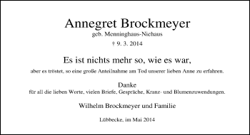 Traueranzeige von Annegret Brockmeyer von Neue Osnabrücker Zeitung GmbH & Co. KG