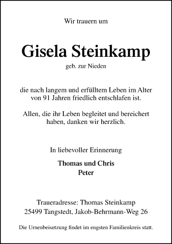 Traueranzeige von Gisela Steinkamp von Neue Osnabrücker Zeitung GmbH & Co. KG