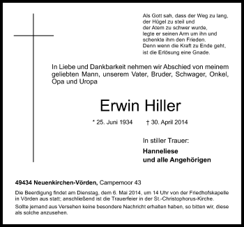 Traueranzeige von Erwin Hiller von Neue Osnabrücker Zeitung GmbH & Co. KG