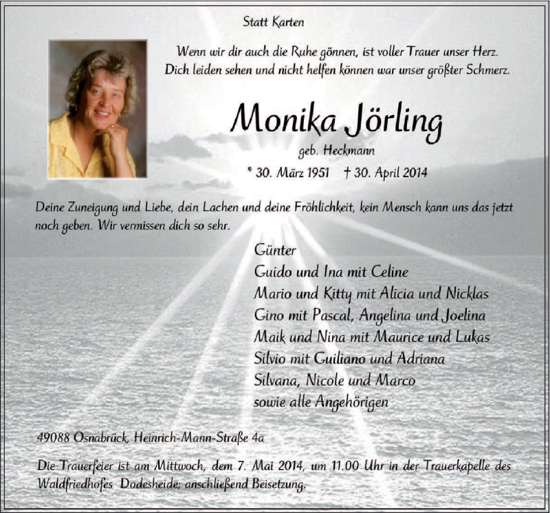  Traueranzeige für Monika Jörling vom 03.05.2014 aus Neue Osnabrücker Zeitung GmbH & Co. KG
