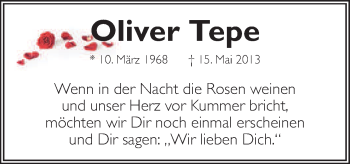 Traueranzeige von Oliver Tepe von Neue Osnabrücker Zeitung GmbH & Co. KG