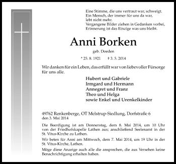 Traueranzeige von Anni Borken von Neue Osnabrücker Zeitung GmbH & Co. KG