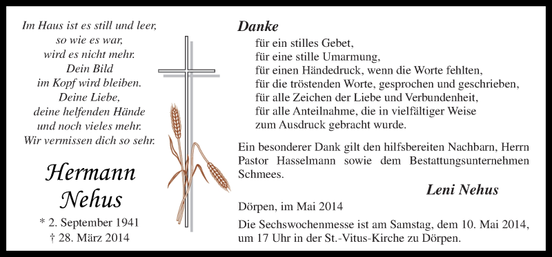  Traueranzeige für Hermann Nehus vom 07.05.2014 aus Neue Osnabrücker Zeitung GmbH & Co. KG