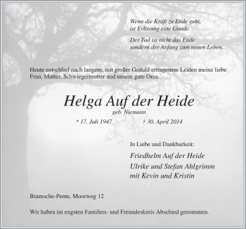 Traueranzeige von Helga  Auf der Heide von Neue Osnabrücker Zeitung GmbH & Co. KG