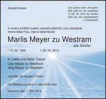 Traueranzeige von Marlis  Meyer zu Westram von Neue Osnabrücker Zeitung GmbH & Co. KG
