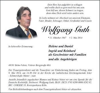 Traueranzeige von Wolfgang Guth von Neue Osnabrücker Zeitung GmbH & Co. KG