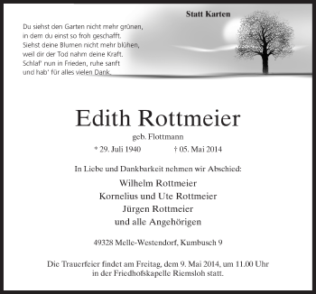 Traueranzeige von Edith Rottmeier von Neue Osnabrücker Zeitung GmbH & Co. KG