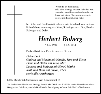 Traueranzeige von Herbert Boberg von Neue Osnabrücker Zeitung GmbH & Co. KG