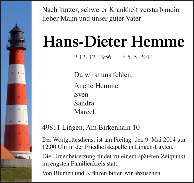  Traueranzeige für Hans-Dieter Hemme vom 08.05.2014 aus Neue Osnabrücker Zeitung GmbH & Co. KG