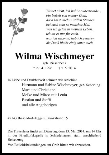 Traueranzeige von Wilma Wischmeyer von Neue Osnabrücker Zeitung GmbH & Co. KG