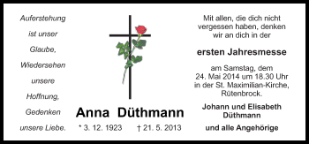 Traueranzeige von Anna Düthmann von Neue Osnabrücker Zeitung GmbH & Co. KG