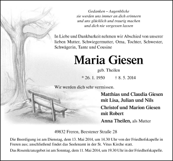 Traueranzeige von Maria Giesen von Neue Osnabrücker Zeitung GmbH & Co. KG