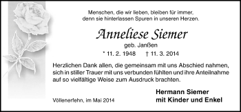 Traueranzeige von Anneliese Siemer von Neue Osnabrücker Zeitung GmbH & Co. KG