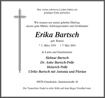Traueranzeige von Erika Bartsch von Neue Osnabrücker Zeitung GmbH & Co. KG